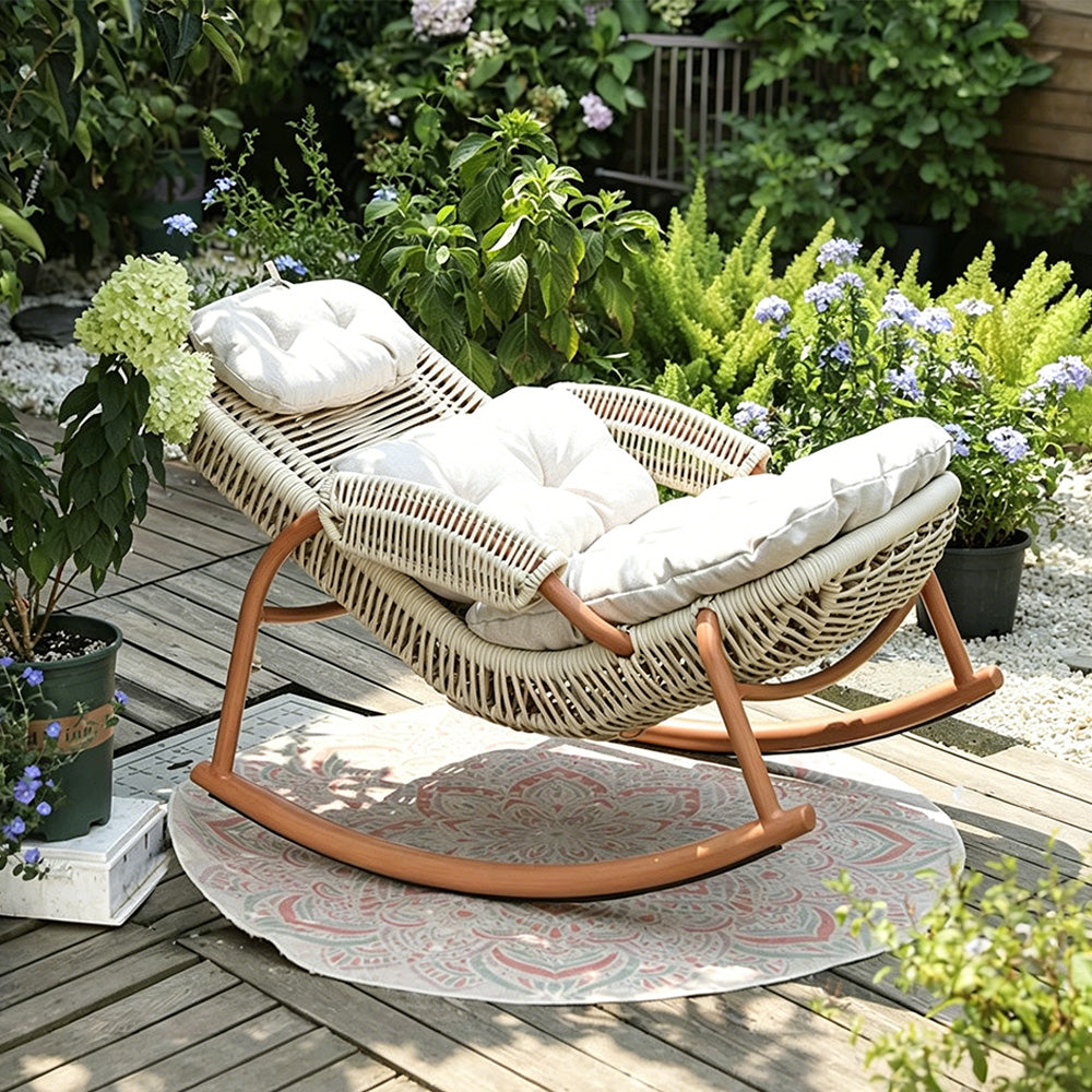 Modern Outdoor Rocking Lounge Chair with Cushioned Seat and Woven Frame