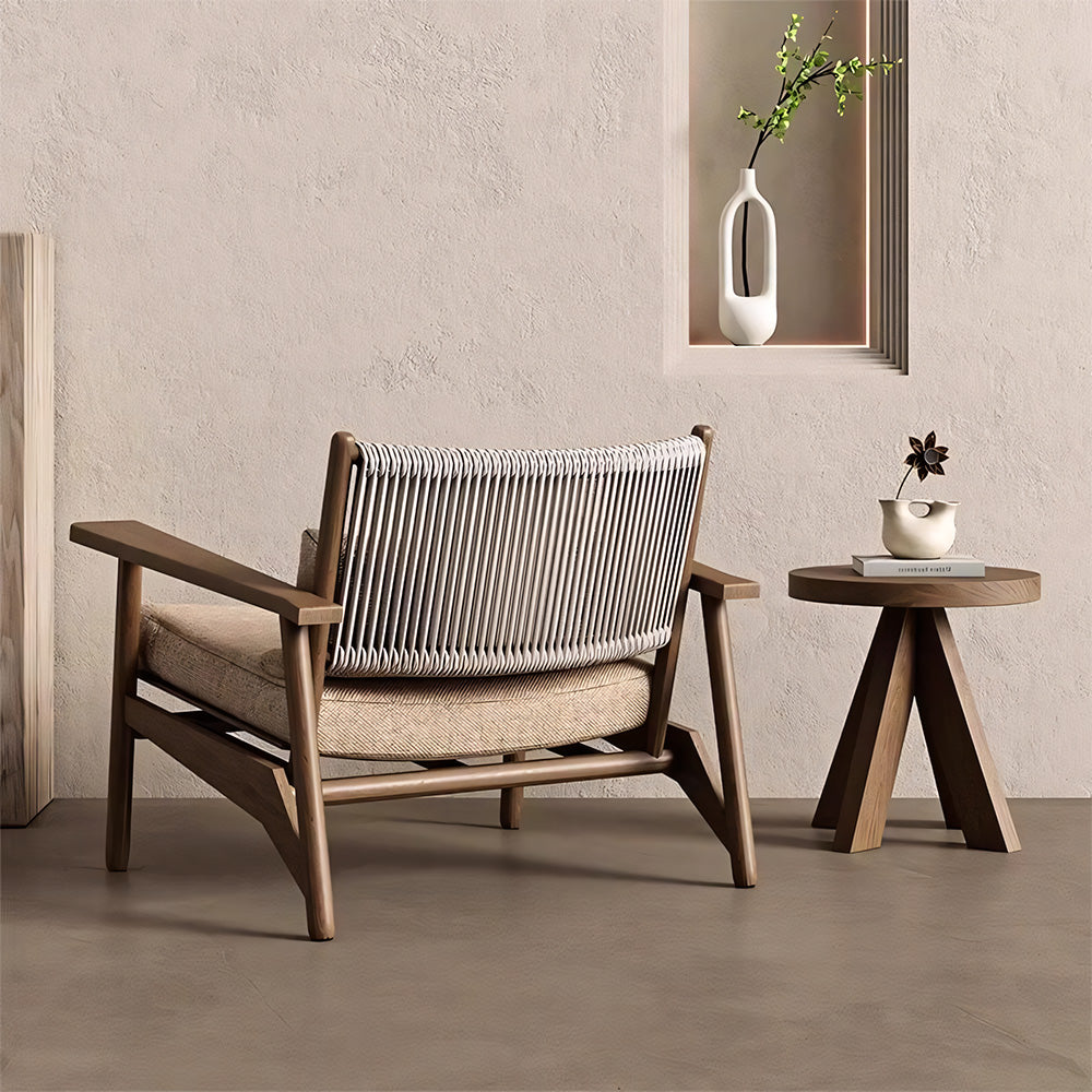 Indoor & Outdoor Solid Wood Lounge Chair with Handwoven Rope Backrest and Plush Cushions 1 Piece