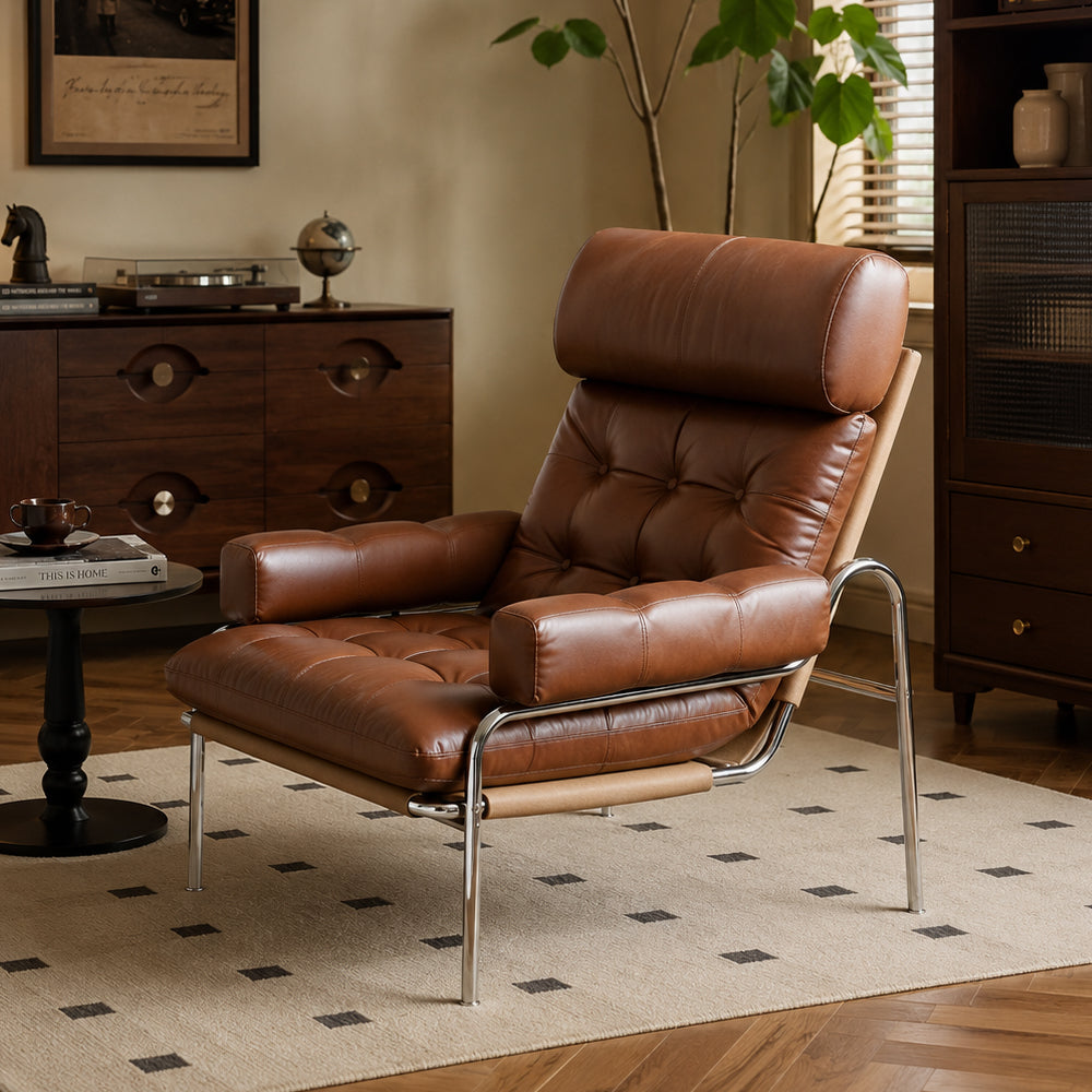 Mid-Century Brown Faux Leather Tufted Lounge Chair with Chrome Frame