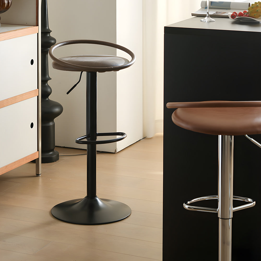 Modern Swivel Adjustable Bar Stool Set of 2 Brown Upholstered Seats Stainless Steel Base