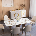 Load image into Gallery viewer, Walnut S-Base Marble-Effect Round Dining Table + White &amp; Gold Circular-Accent Buffet Cabinet Set
