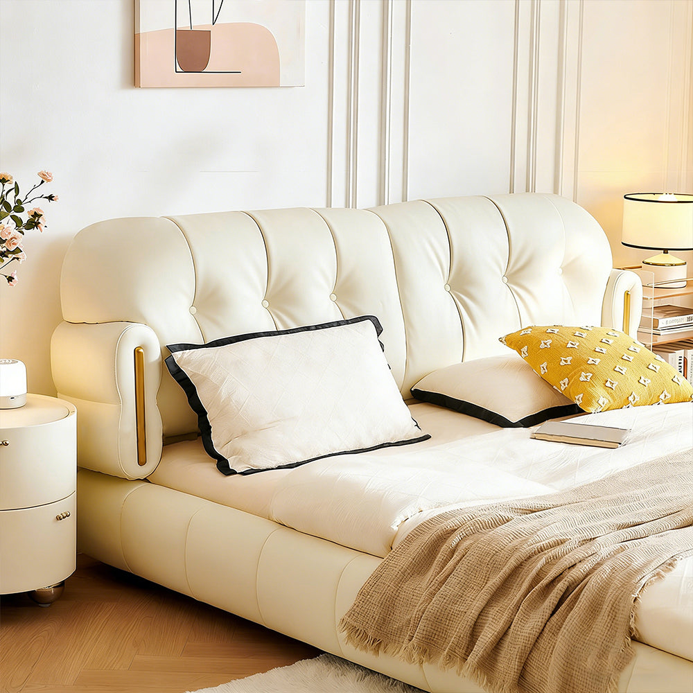 Modern Cream Upholstered Platform Bed Button Tufted Headboard Low Profile Soft Frame Bed with Solid Slat Support