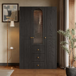Load image into Gallery viewer, Luxury 3-Door Black Wardrobe with Ribbed Glass Panel Multi-Section Storage with Drawers and Hanging Space
