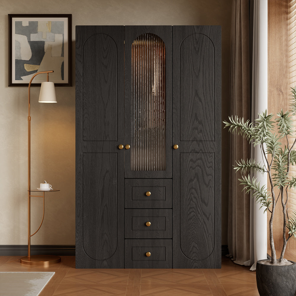 Luxury 3-Door Black Wardrobe with Ribbed Glass Panel Multi-Section Storage with Drawers and Hanging Space