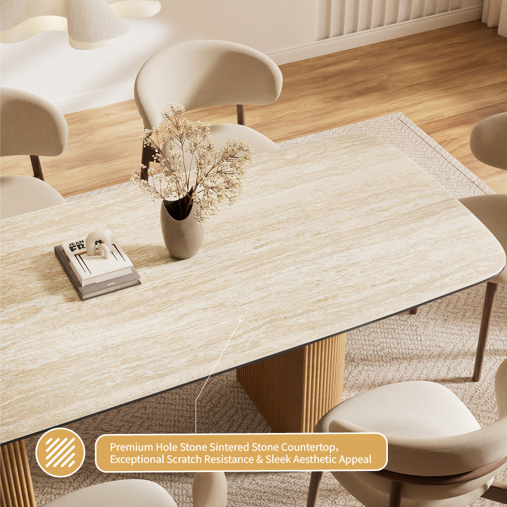 Square Dining Table White Ceramic Top Semi-cylindrical Wooden Base for 6 People