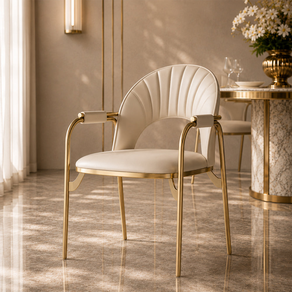 Modern Upholstered Dining Chair Set of 2 with Gold Stainless Steel Frame and Curved Backrest