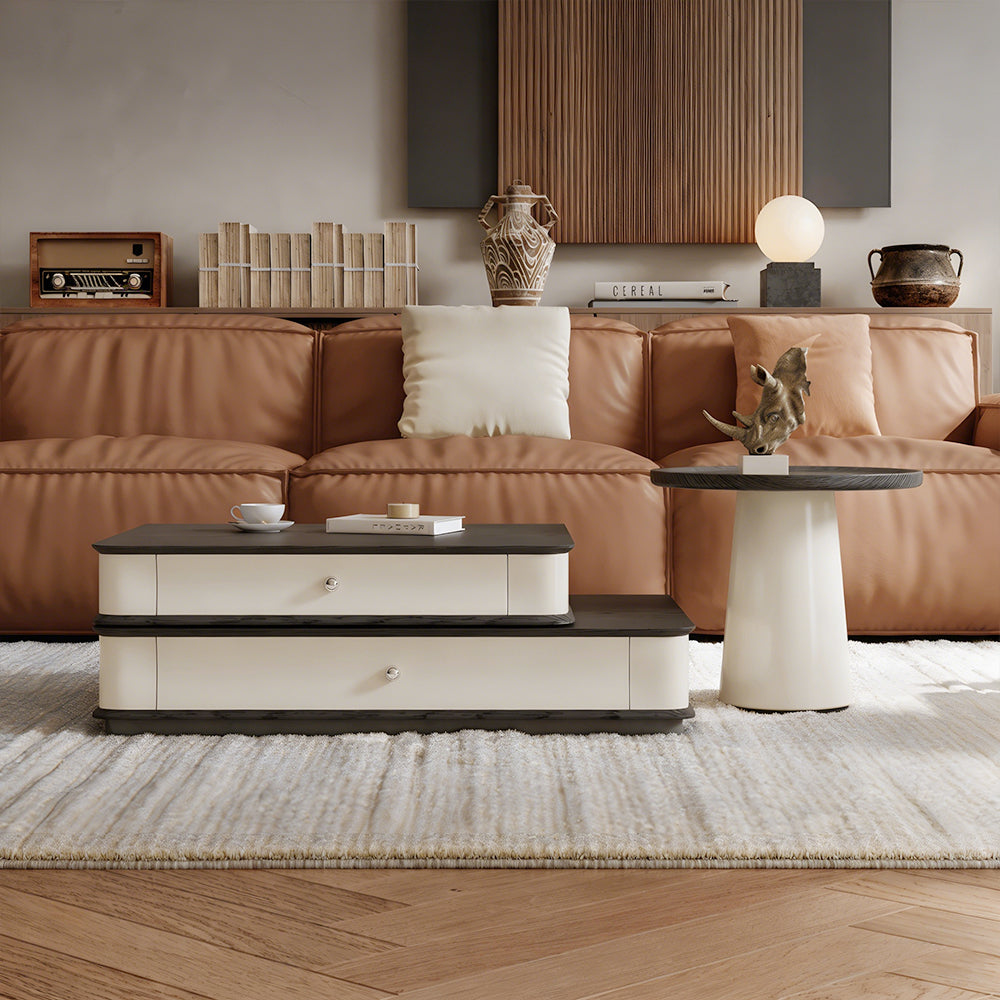 Modern Layered Coffee Table Set with Drawer Storage and Side Table Black Wood Grain Top Minimalist Design