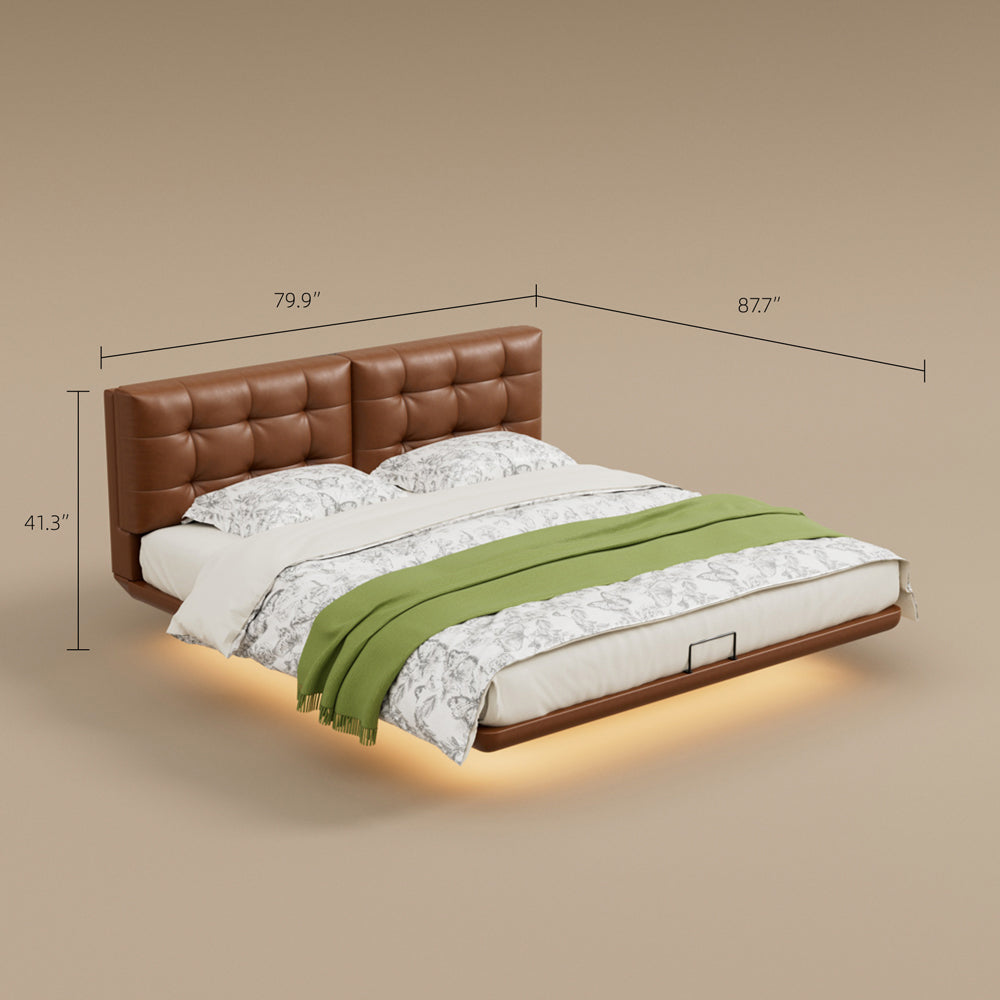 Modern Floating Bed with LED Lighting & Upholstered Headboard