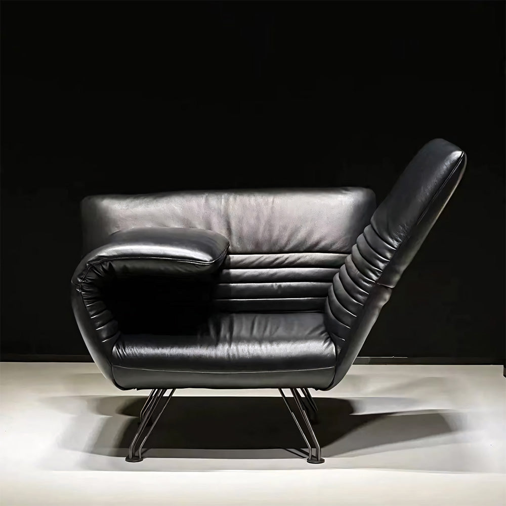 Modern Sculptural Leather Lounge Chair Adjustable Armrest Accent Chair with Metal Legs Contemporary Artistic Seating