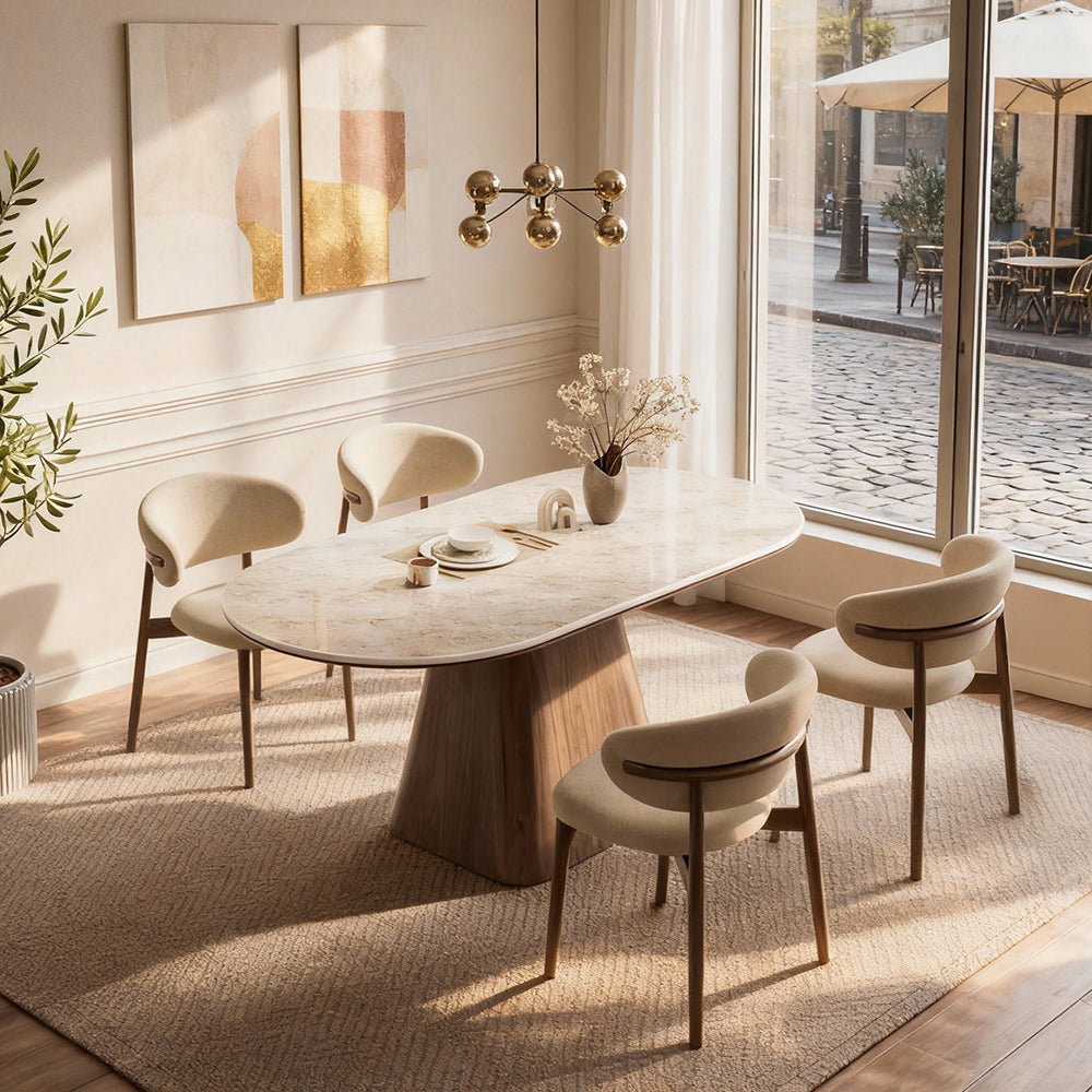 Oval Dining Table Solid Wood Walnut Veneer Base Scratch Resistant Sintered Stone Top Modern Stylish Design