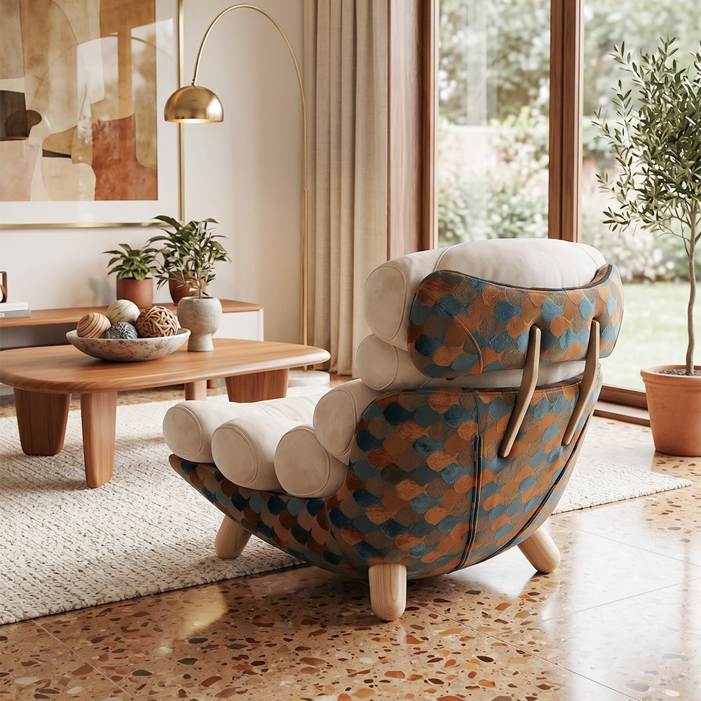 Modern Sculptural Lounge Chair with Plush Cushion and Solid Wood Legs