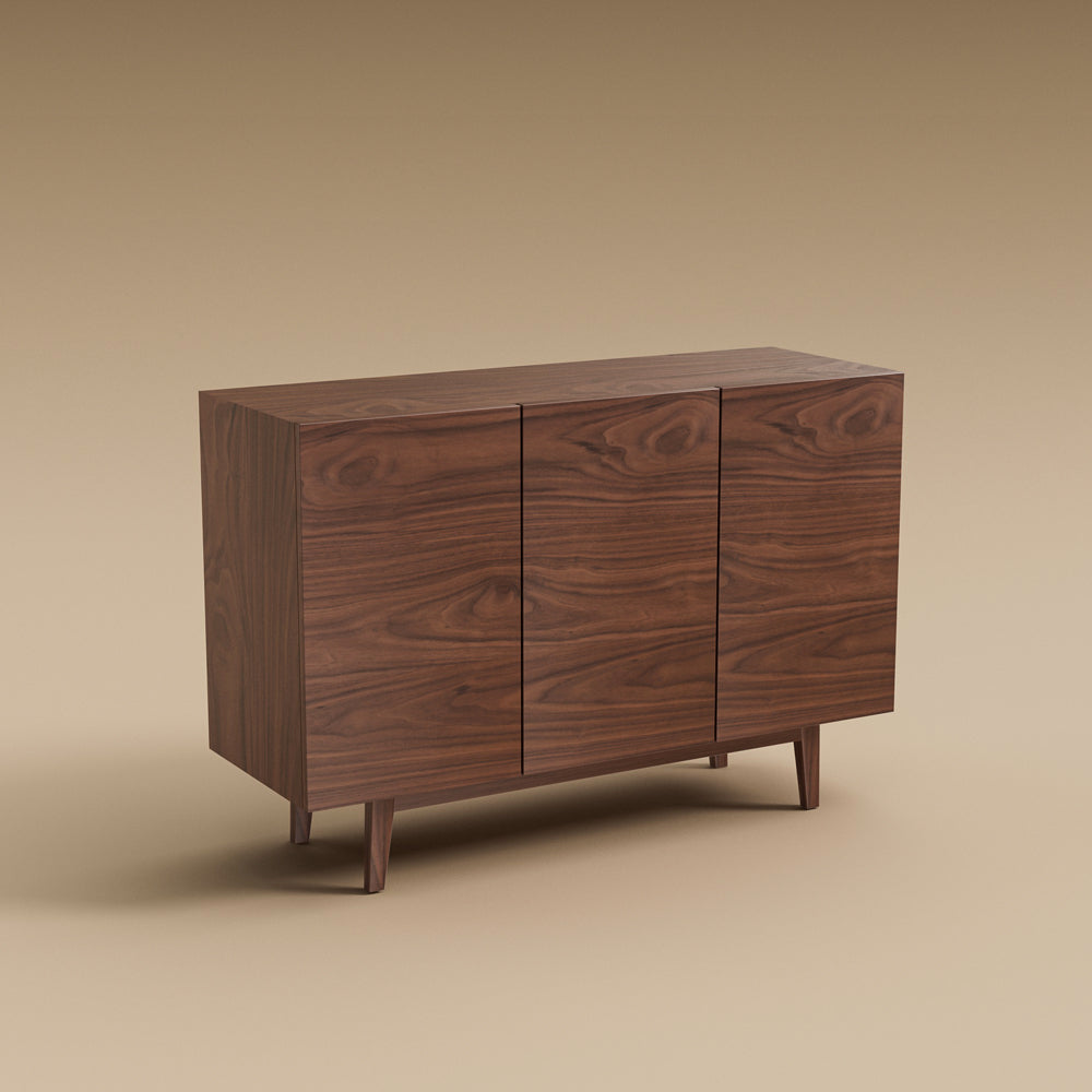 3 Door Cabinet Modern Walnut Veneer Adjustable Shelves Solid Ash Base