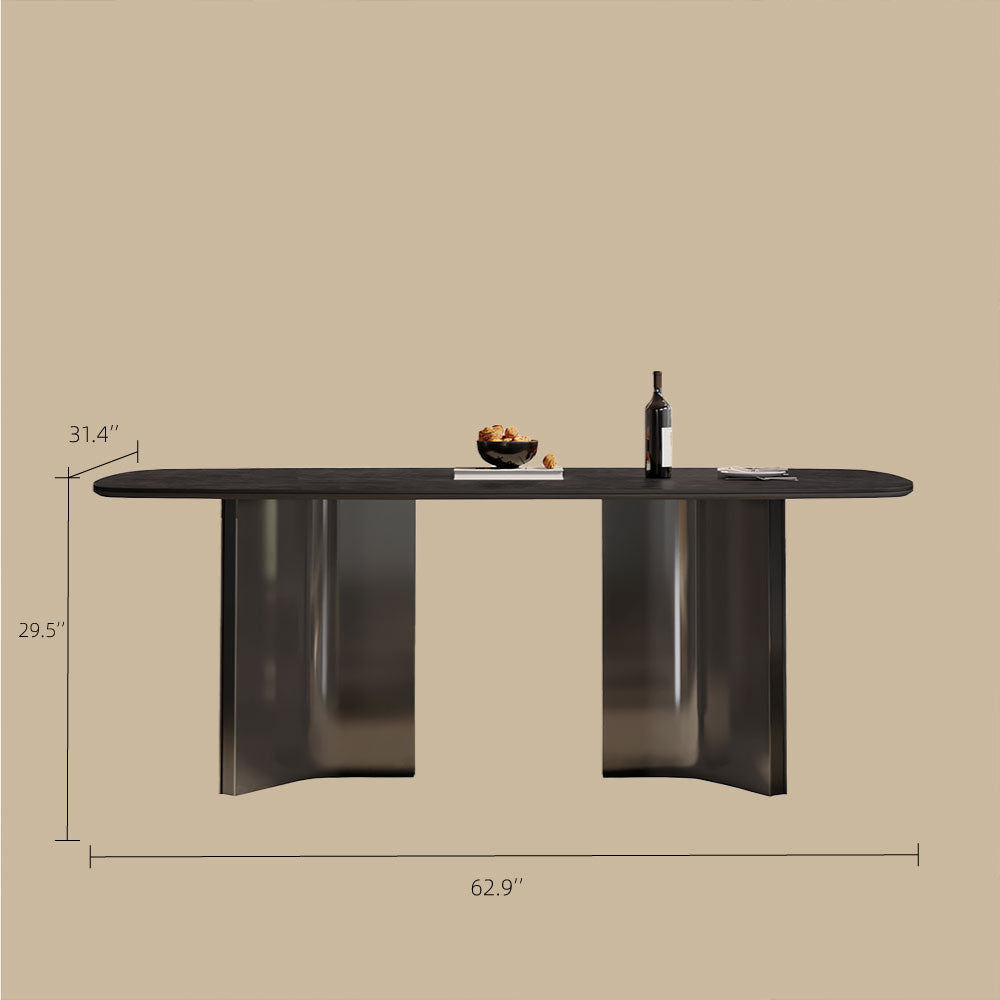Modern Dining Table Oval Stone Texture Tabletop with Stainless Steel Pedestal Base Minimalist Dining Table
