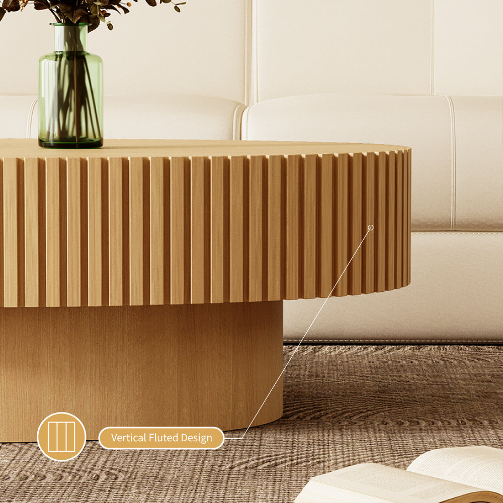 42.9" Natural Wood Oval Coffee Table Vertical Textured Design Modern Minimalist Style
