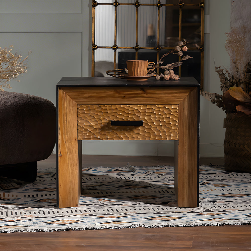 Modern Solid Wood Nightstand Textured Drawer Front Bedside Table with Open Shelf Minimalist Storage Side Table