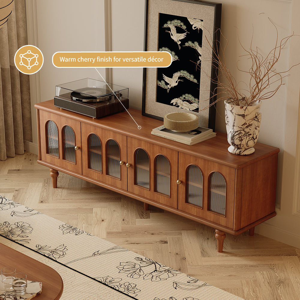 70''Solid Wood TV Cabinet Arched Glass Doors Warm Cherry Finish Hidden Storage
