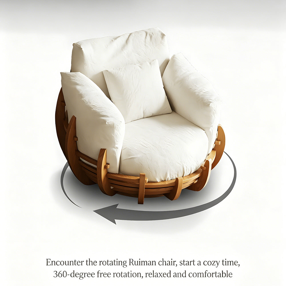 Modern Solid Wood 360° Swivel Lounge Chair with Cushions and Sculptural Frame