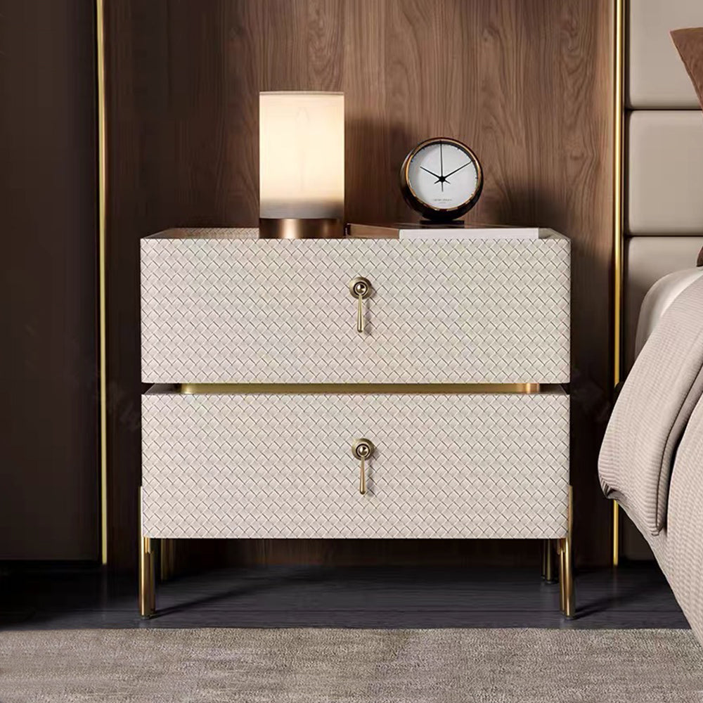 Luxury Bedside Table with Textured Front Panels and Brass Accents
