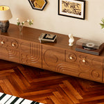 Load image into Gallery viewer, 78&quot; Retro TV Stand Carved Geometric Pattern Solid Wood Cabinet Brass-Tipped Legs Storage Sideboard

