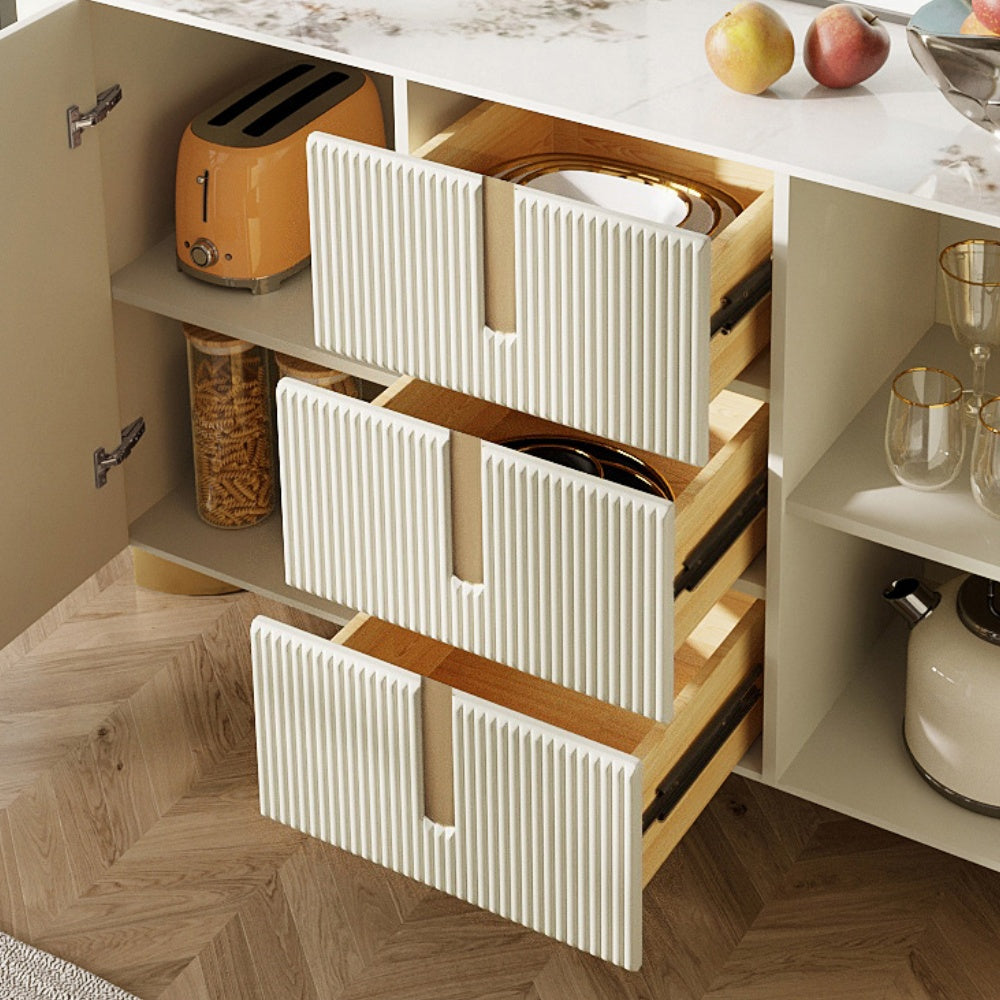 Sideboard Cabinet Modern Minimalist Ribbed Drawers Golden Base Marble Top Storage Unit