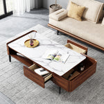 Load image into Gallery viewer, 50&#39;&#39;Modern Rectangular Coffee Table with Drawers | White Marble Top + Walnut Finish + Hidden Storage
