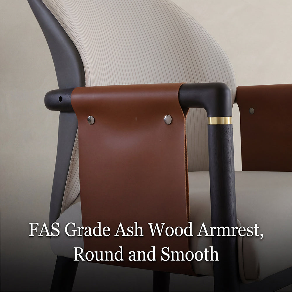 Modern Upholstered Dining Chair Set of 2 Curved Back Accent Chair with Faux Leather Armrests and Ash Wood Legs