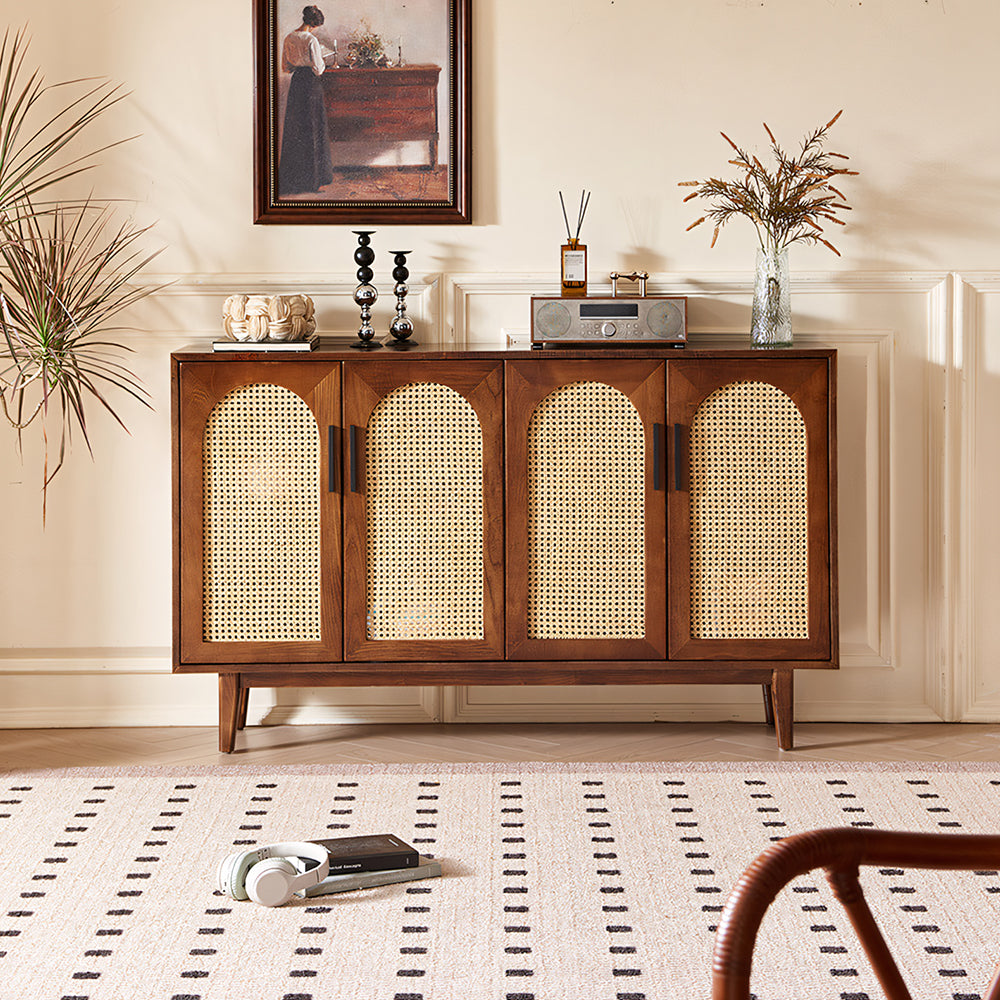 59'' Mid-Century Modern Rattan Door Sideboard Cabinet Solid Wood Buffet Storage Console for Dining Room & Living Room
