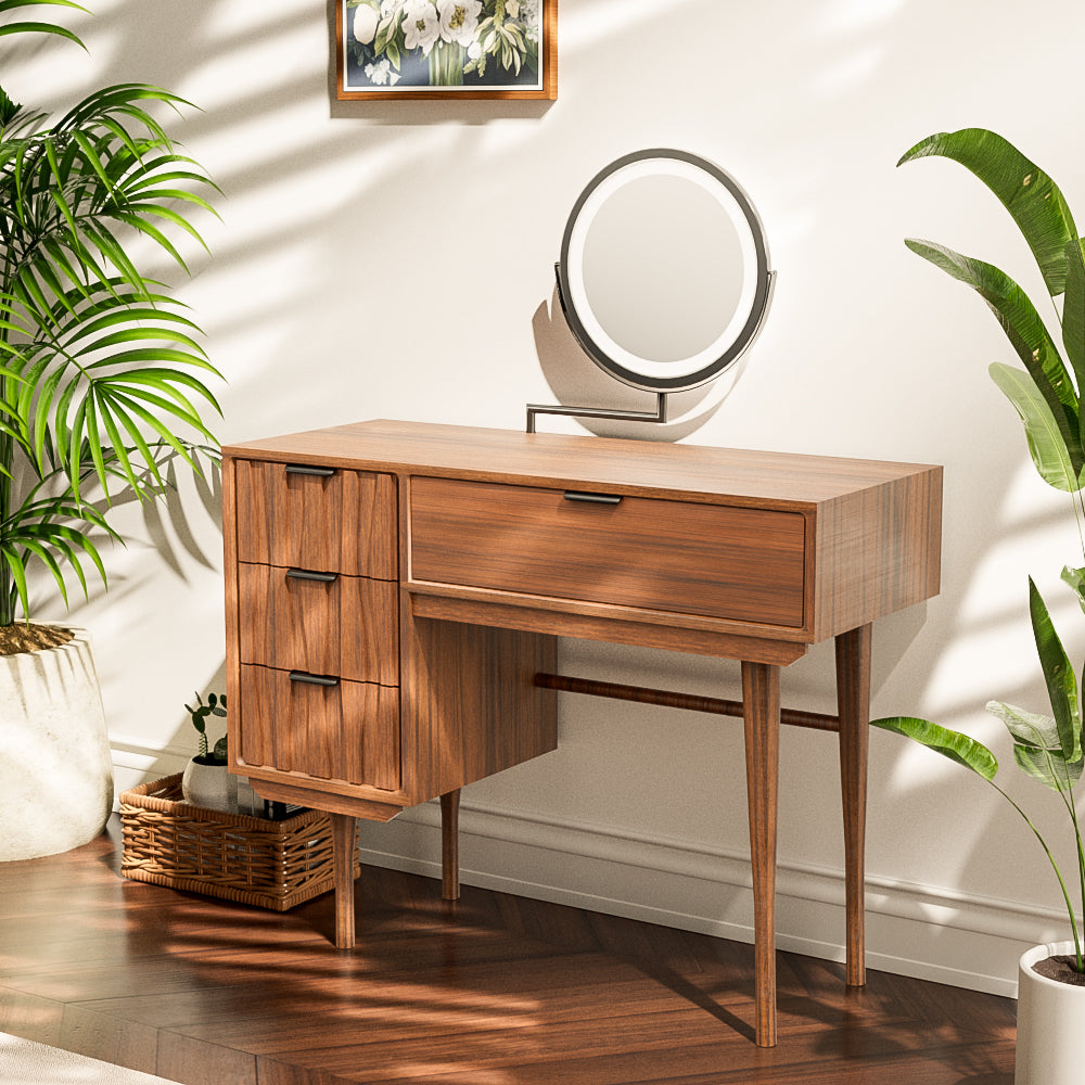 39''Walnut Dressing Table Round Mirror Multi-Drawer Storage Design