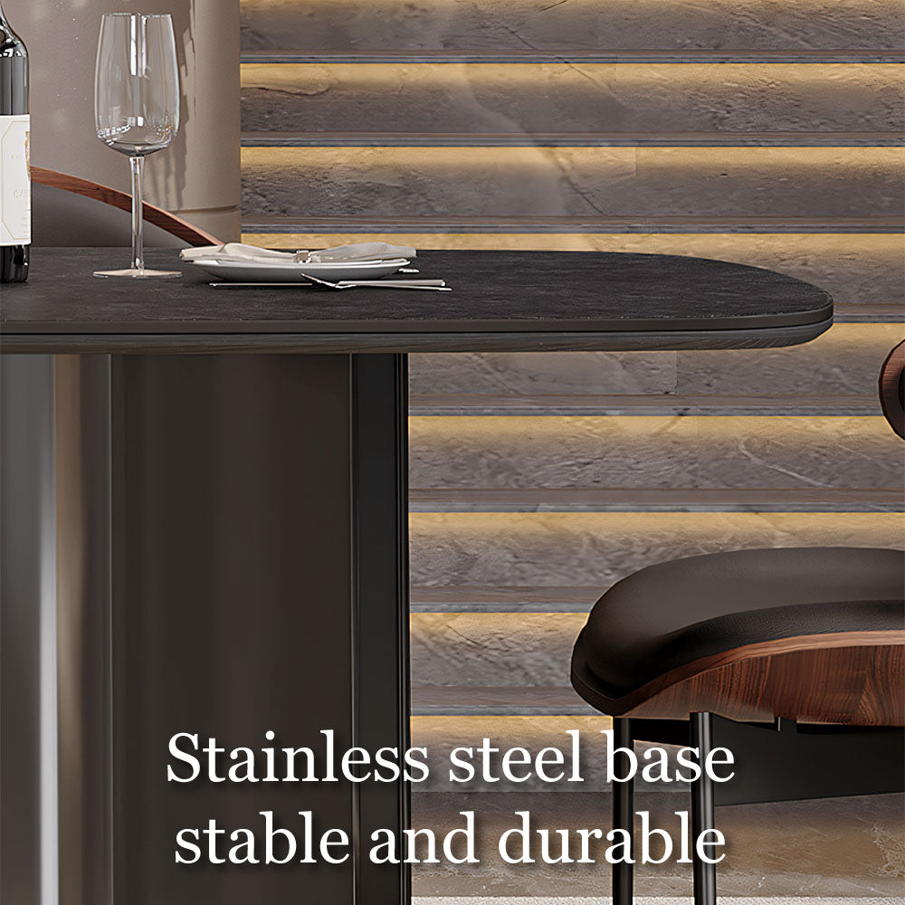 Modern Dining Table Oval Stone Texture Tabletop with Stainless Steel Pedestal Base Minimalist Dining Table