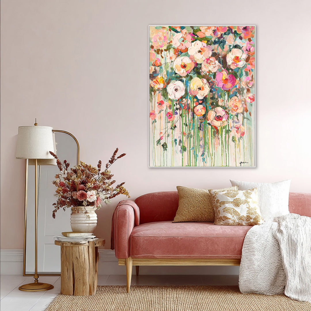 Handmade Abstract Floral Painting Colorful Blooming Garden on Canvas