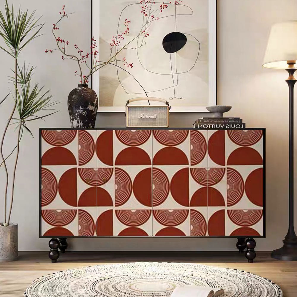 59'' Vintage Hand-Painted Sideboard Artistic Retro Buffet Cabinet with Bold Geometric Patterns