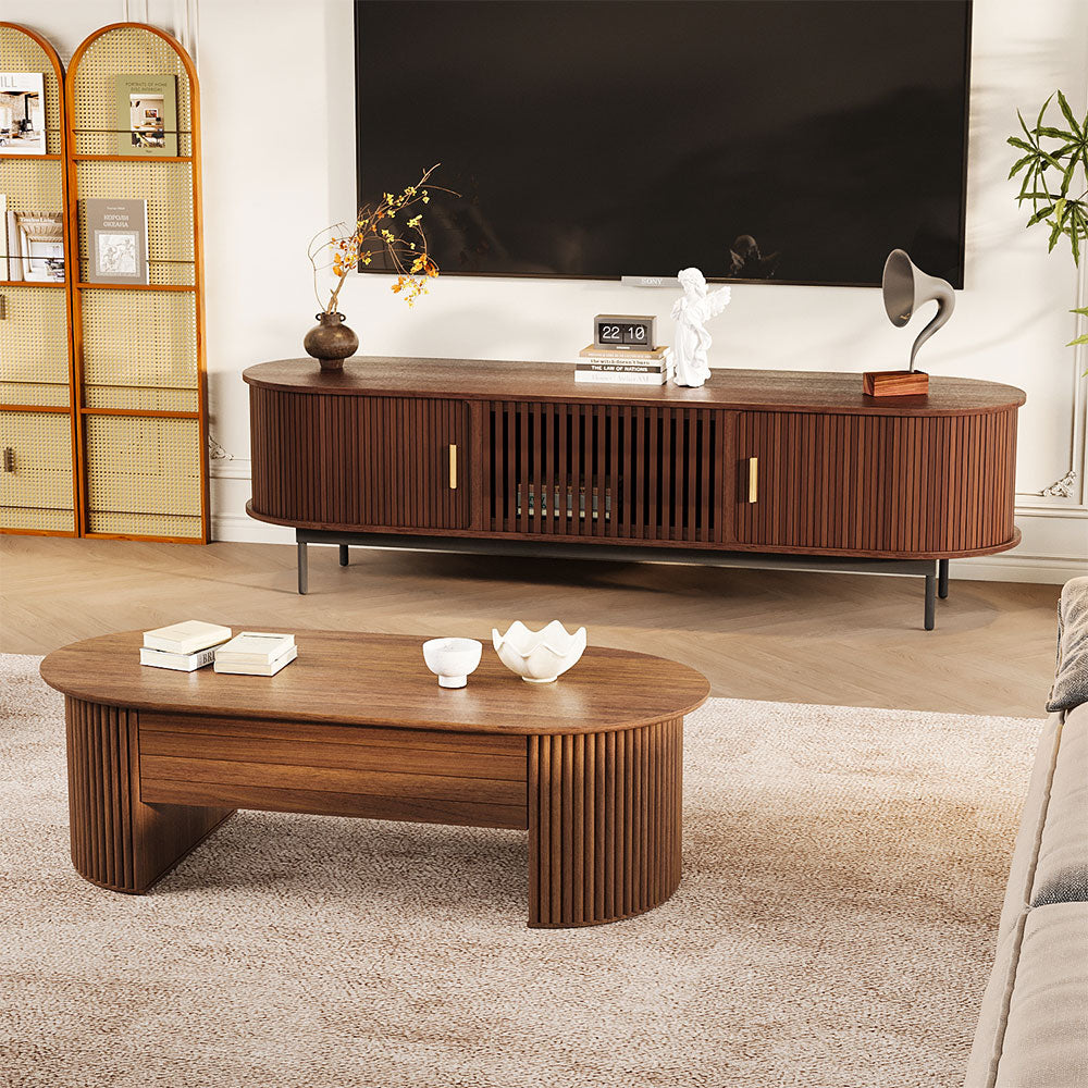 Contemporary Living Suite: Walnut Curved TV Stand & Oval Lift-Top Coffee Table Set