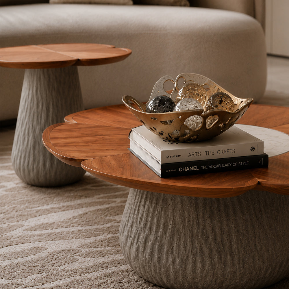 Flower-Shaped Nesting Coffee Table Set with Wood Grain Top and Sculptural Pedestal Base