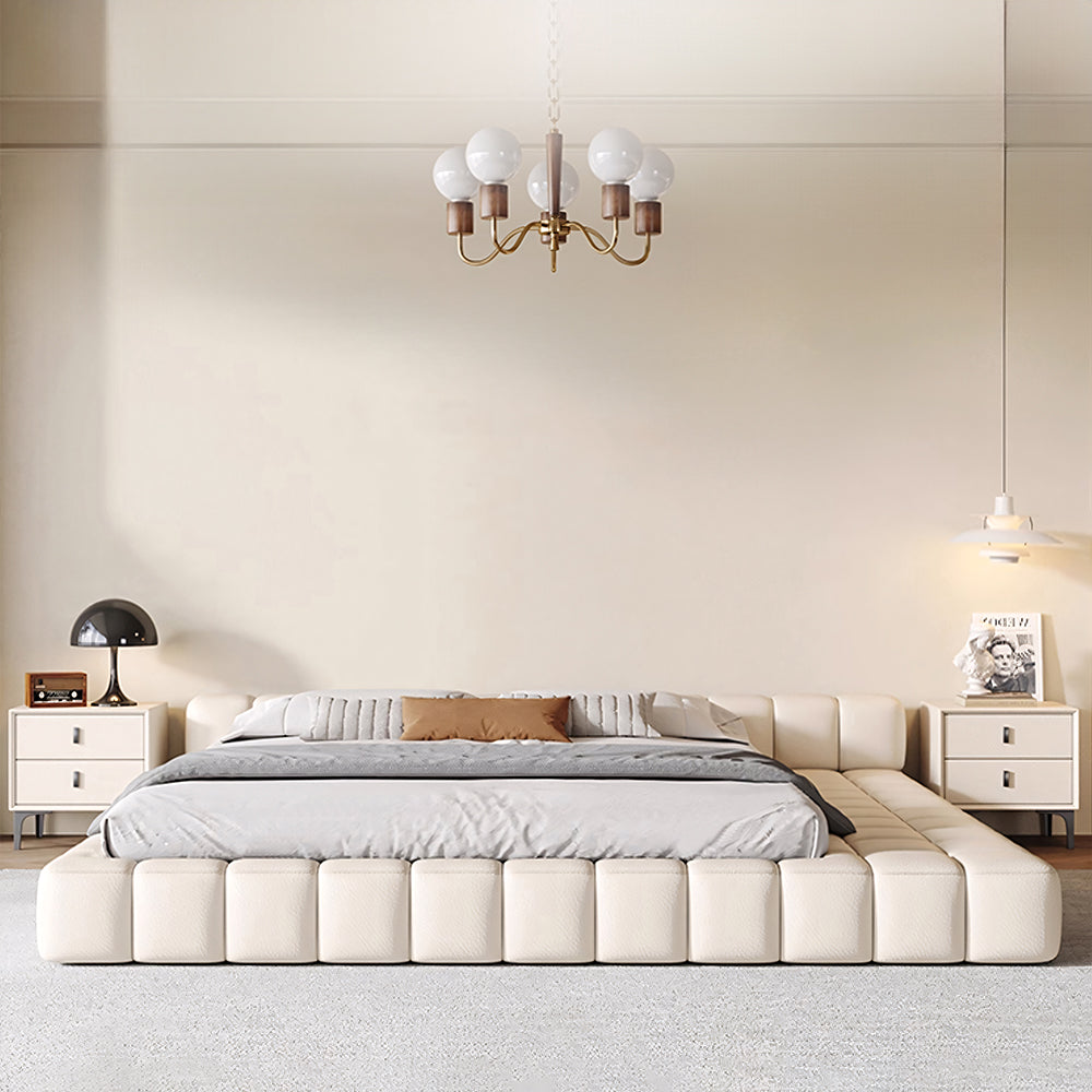 Modern Minimalist Modular Bed with Soft Cushioned Edges Ultra-Fiber Leather Steel-Wood Slatted Frame