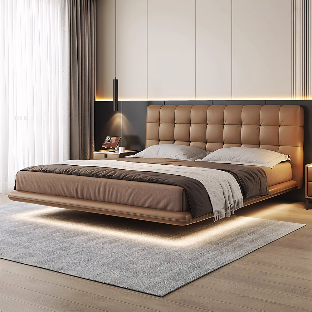 Modern Leather Platform Bed with LED Lighting Ultra-Fiber Leather Steel-Wood Slatted Frame