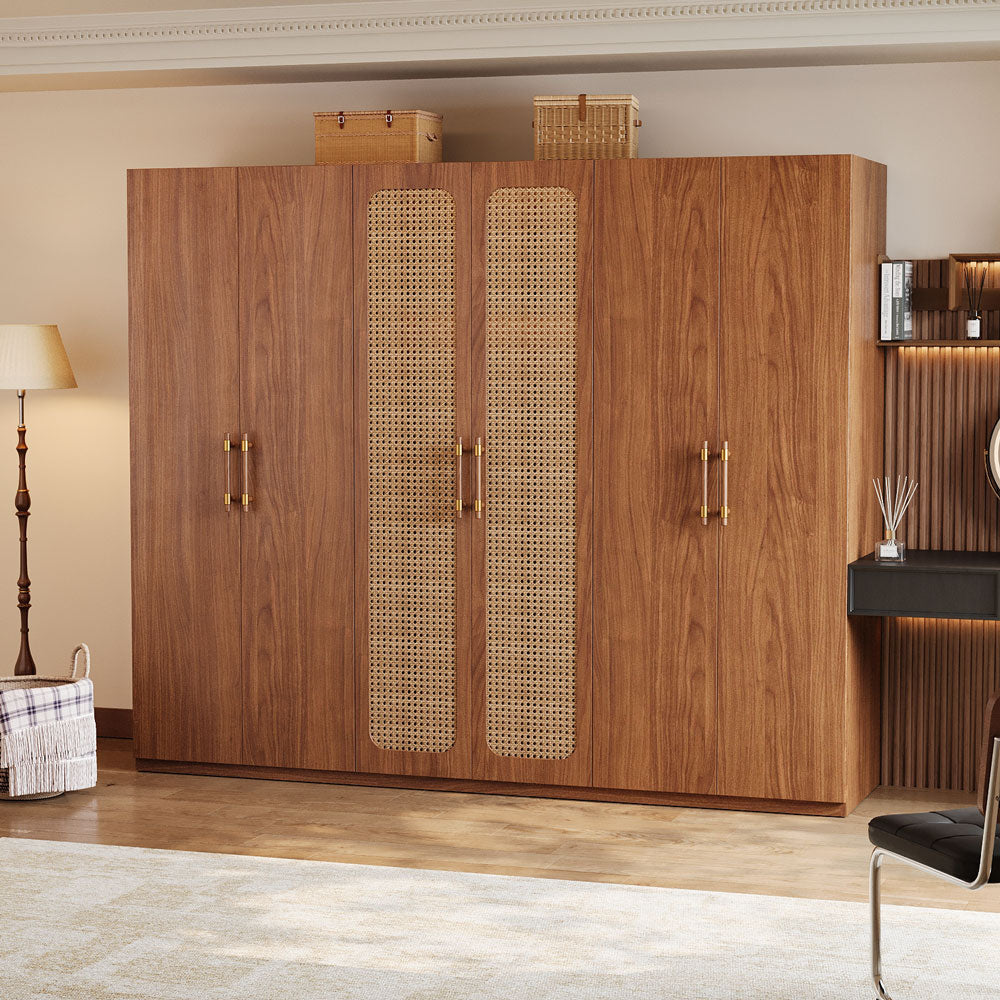 78"H Walnut Rattan Six-Door Wardrobe Modern Natural Fusion Design