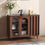 Load image into Gallery viewer, 35.4'' Modern Walnut Sideboard with Arched Fluted Glass Doors Buffet Cabinet with Carved Panels &amp; Metal Legs
