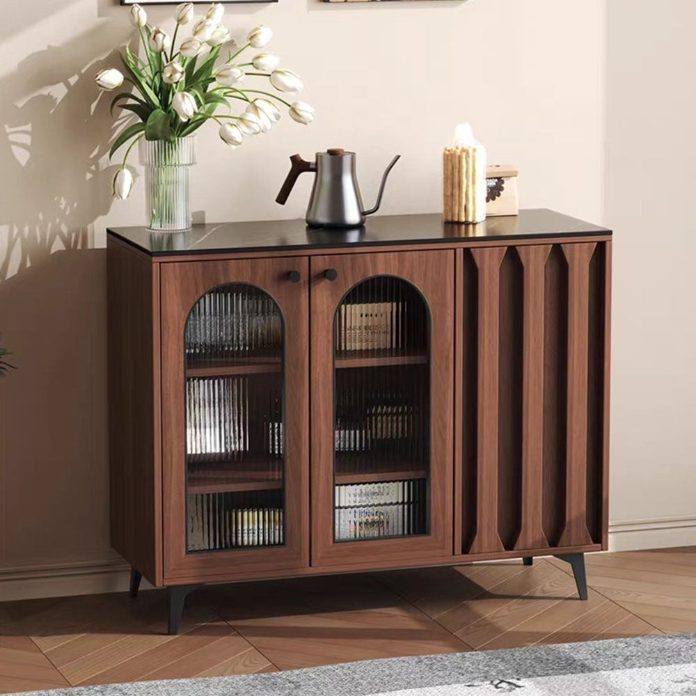 35.4'' Modern Walnut Sideboard with Arched Fluted Glass Doors Buffet Cabinet with Carved Panels & Metal Legs