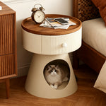 Load image into Gallery viewer, Modern Round Nightstand with Hidden Storage Drawer and Cat House Base Wooden Top Fluted Design Bedside Table
