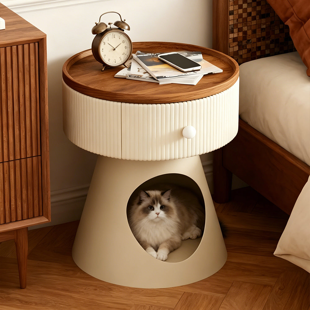 Modern Round Nightstand with Hidden Storage Drawer and Cat House Base Wooden Top Fluted Design Bedside Table