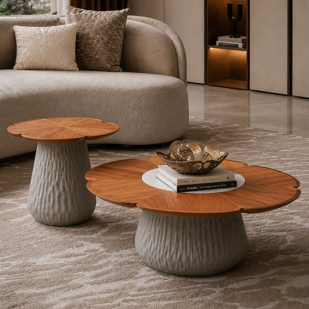 Flower-Shaped Nesting Coffee Table Set with Wood Grain Top and Sculptural Pedestal Base