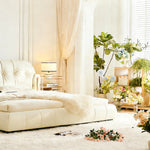 Load image into Gallery viewer, Modern Cream Upholstered Platform Bed Button Tufted Headboard Low Profile Soft Frame Bed with Solid Slat Support
