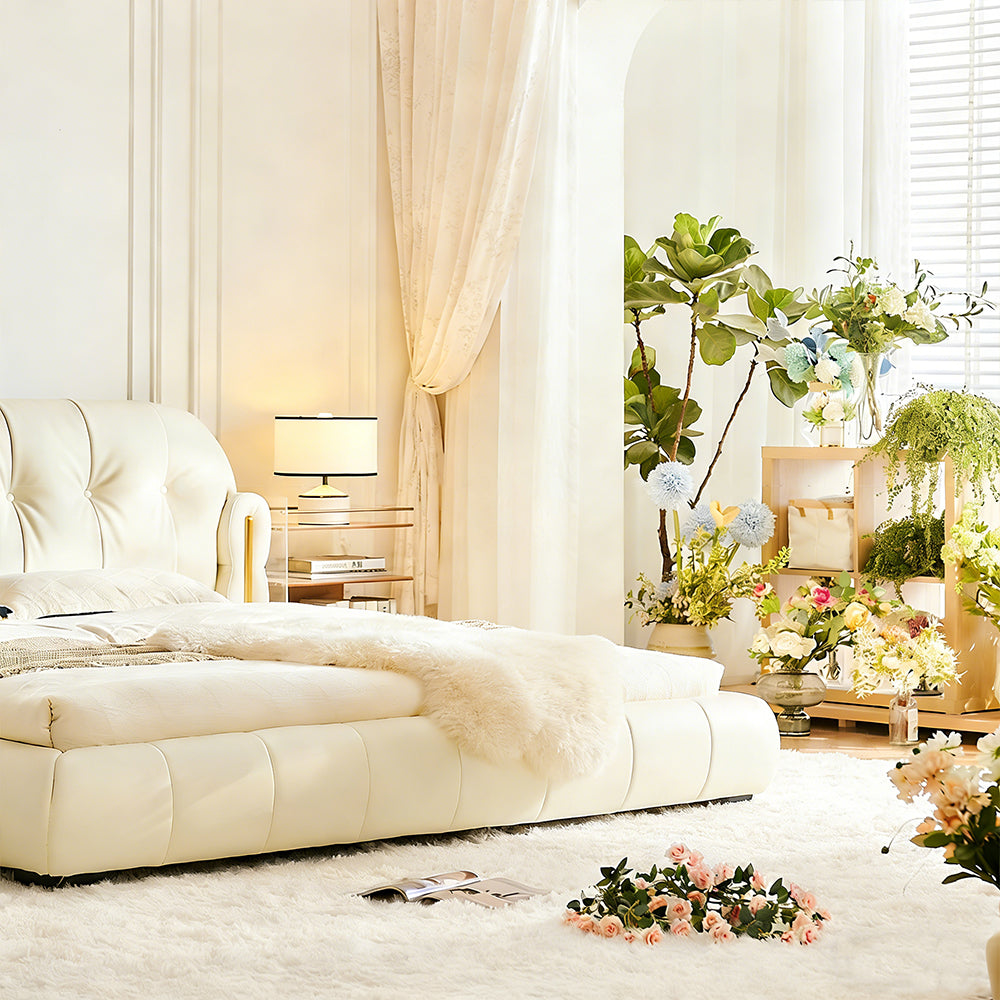 Modern Cream Upholstered Platform Bed Button Tufted Headboard Low Profile Soft Frame Bed with Solid Slat Support