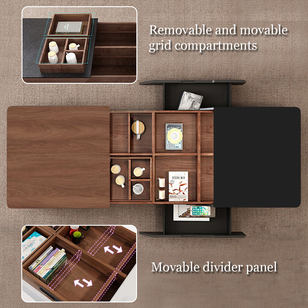 Modern Walnut & Black Extendable Coffee Table Expandable Design with Large-Capacity Storage