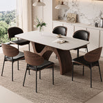 Load image into Gallery viewer, Modern Dining Table with Marble-Like Stone Top and Sculptural Wooden Base
