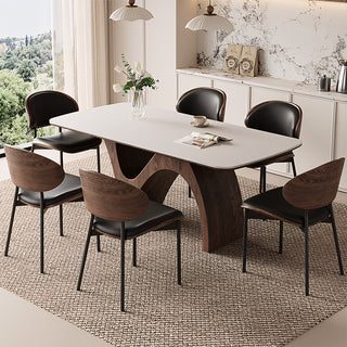 Modern Dining Table with Marble-Like Stone Top and Sculptural Wooden Base