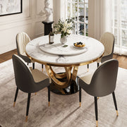 Round Dining Table Lazy Susan Marble Effect Ring Base Gold Accents Perfect for 4-6 People