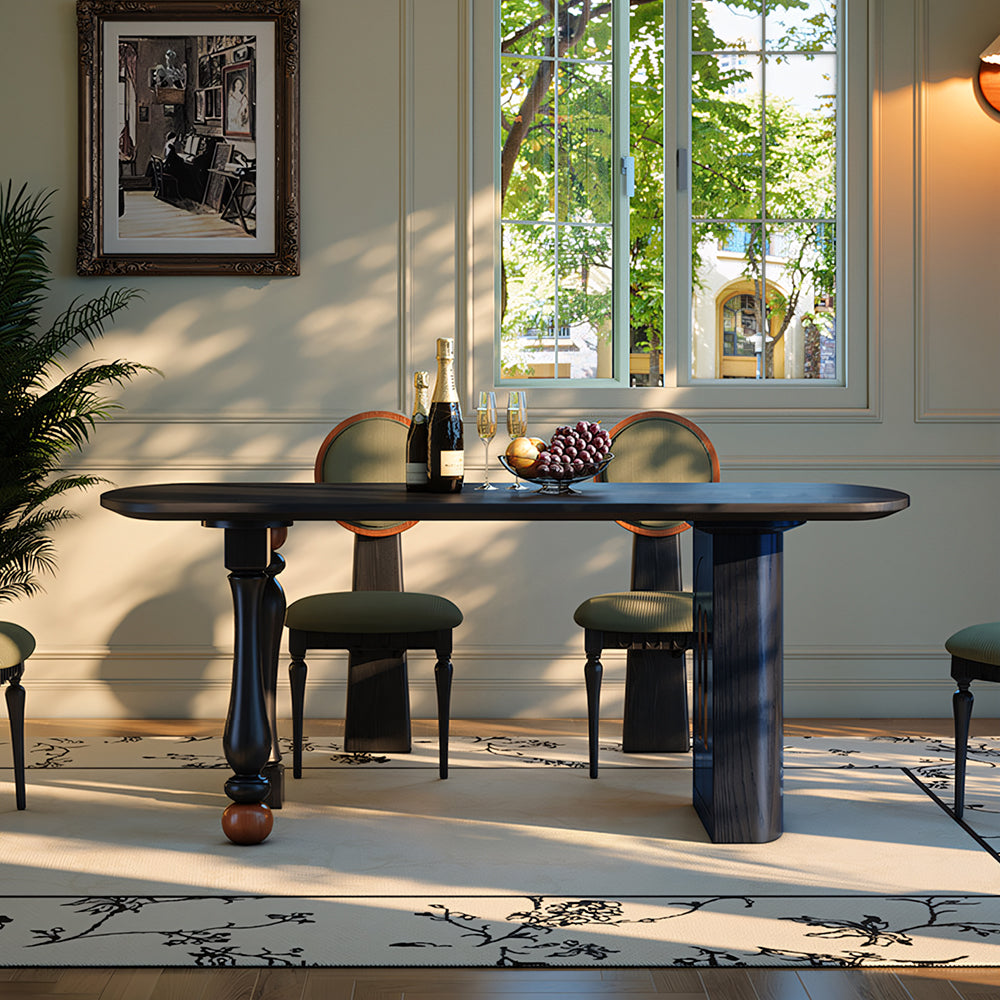 Modern Sculptural Dining Table Solid Wood Black Finish Pedestal Base Minimalist Dining Table