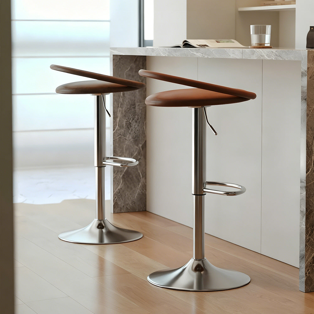 Modern Swivel Adjustable Bar Stool Set of 2 Brown Upholstered Seats Stainless Steel Base