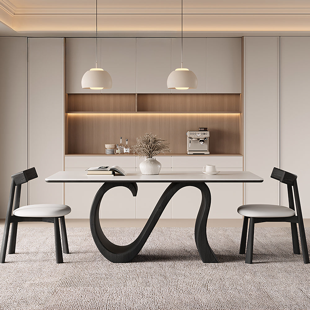 Creative S-shaped Walnut Base Round Dining Table with Marble Effect Surface